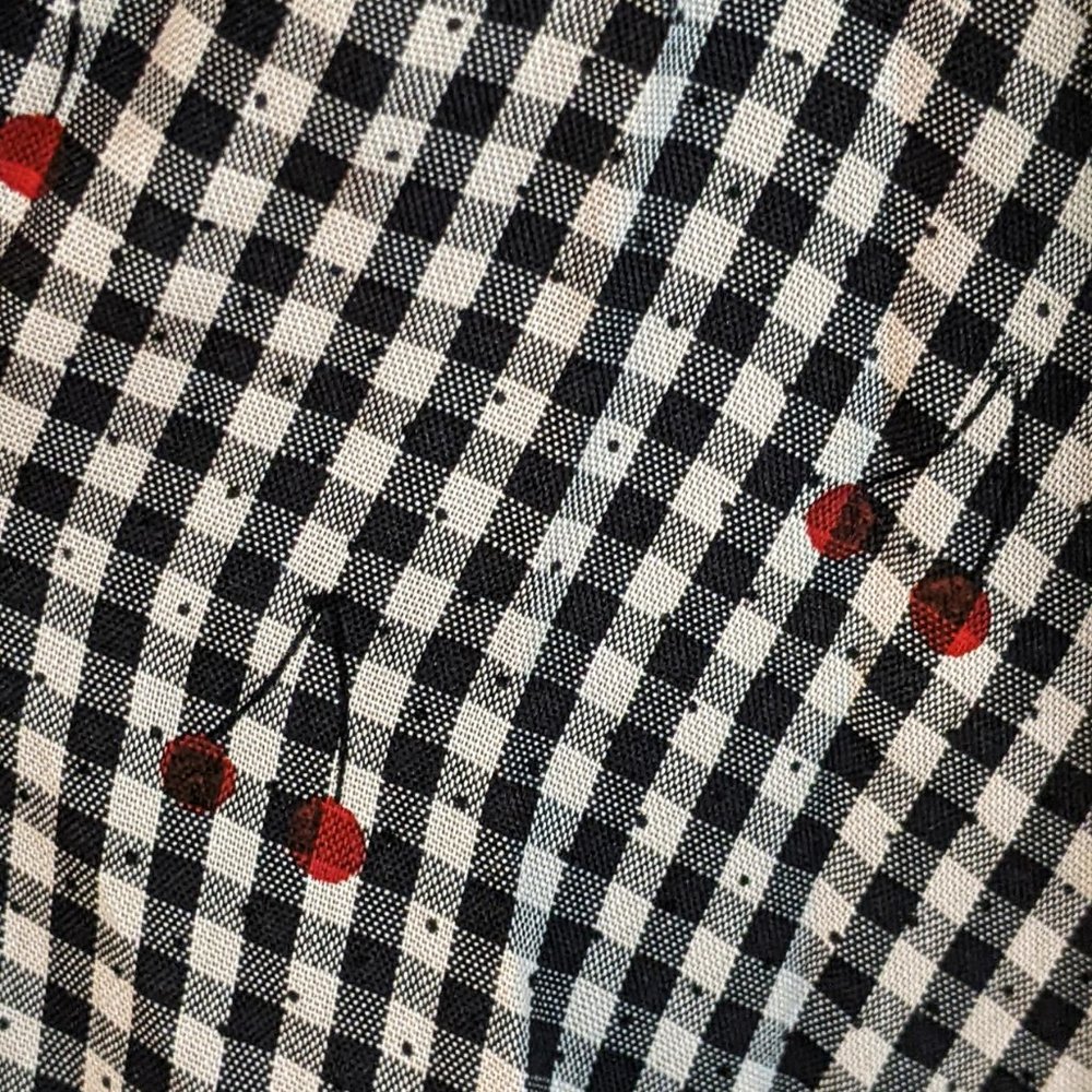 Unique Vintage Black Gingham & Cherry Print Rye Swing Skirt - Picture 3 of 3